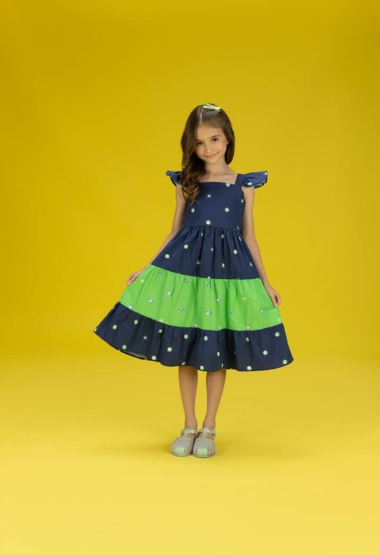 VESTIDO ESTAMPA MINI PLANETAS AZUL E VERDE
