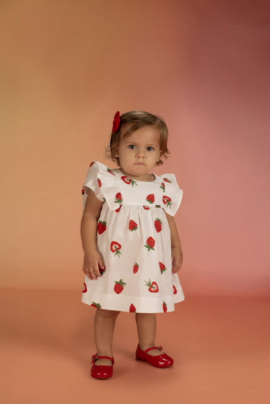 VESTIDO ESTAMPA MORANGO FUNDO BRANCO