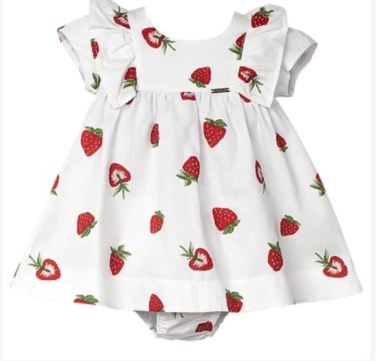 VESTIDO ESTAMPA MORANGO FUNDO BRANCO