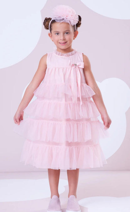 Vestido Tule Camadas Babado Laço