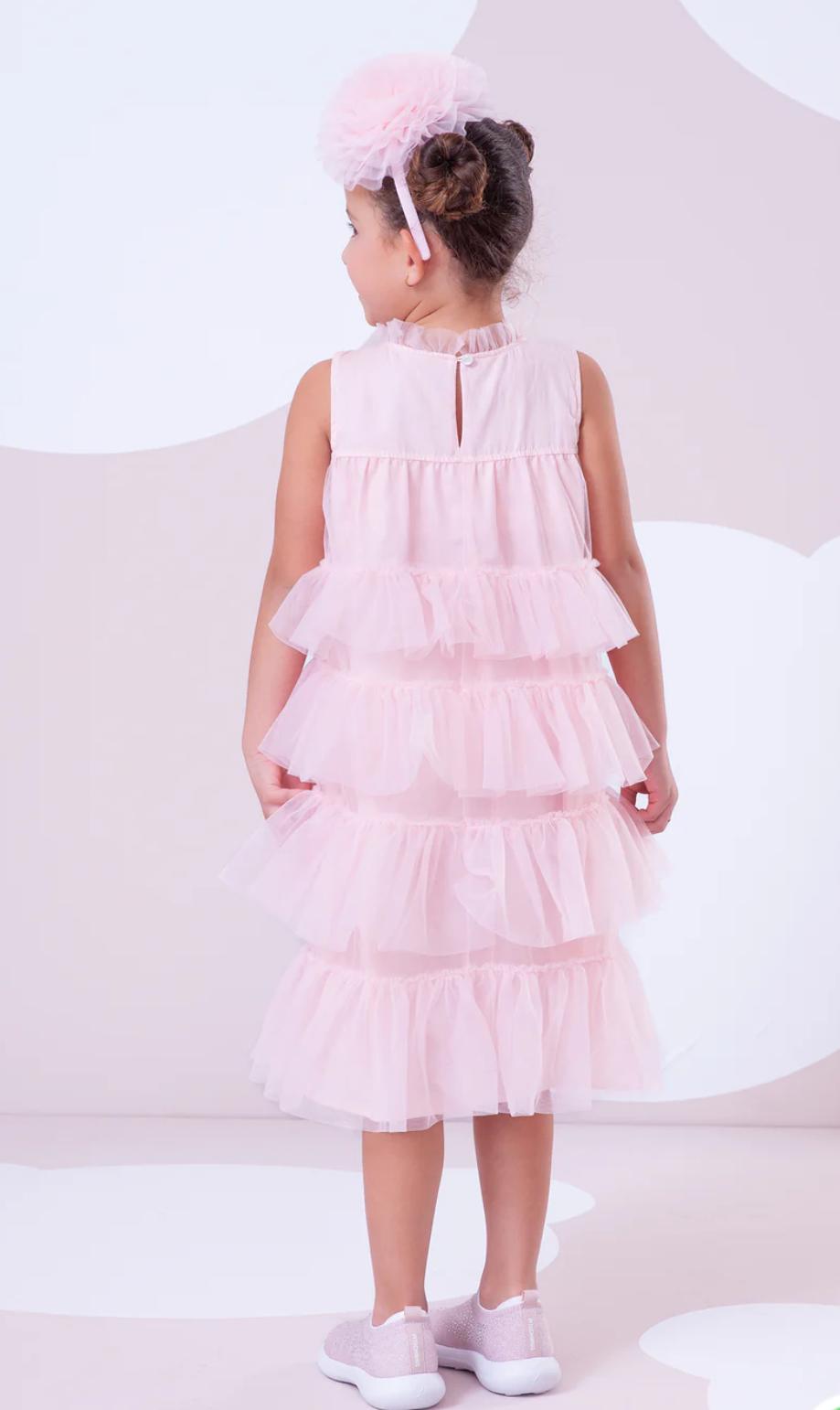 Vestido Tule Camadas Babado Laço
