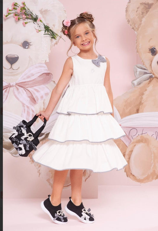 Vestido Tricoline Babados Laço Xadrez