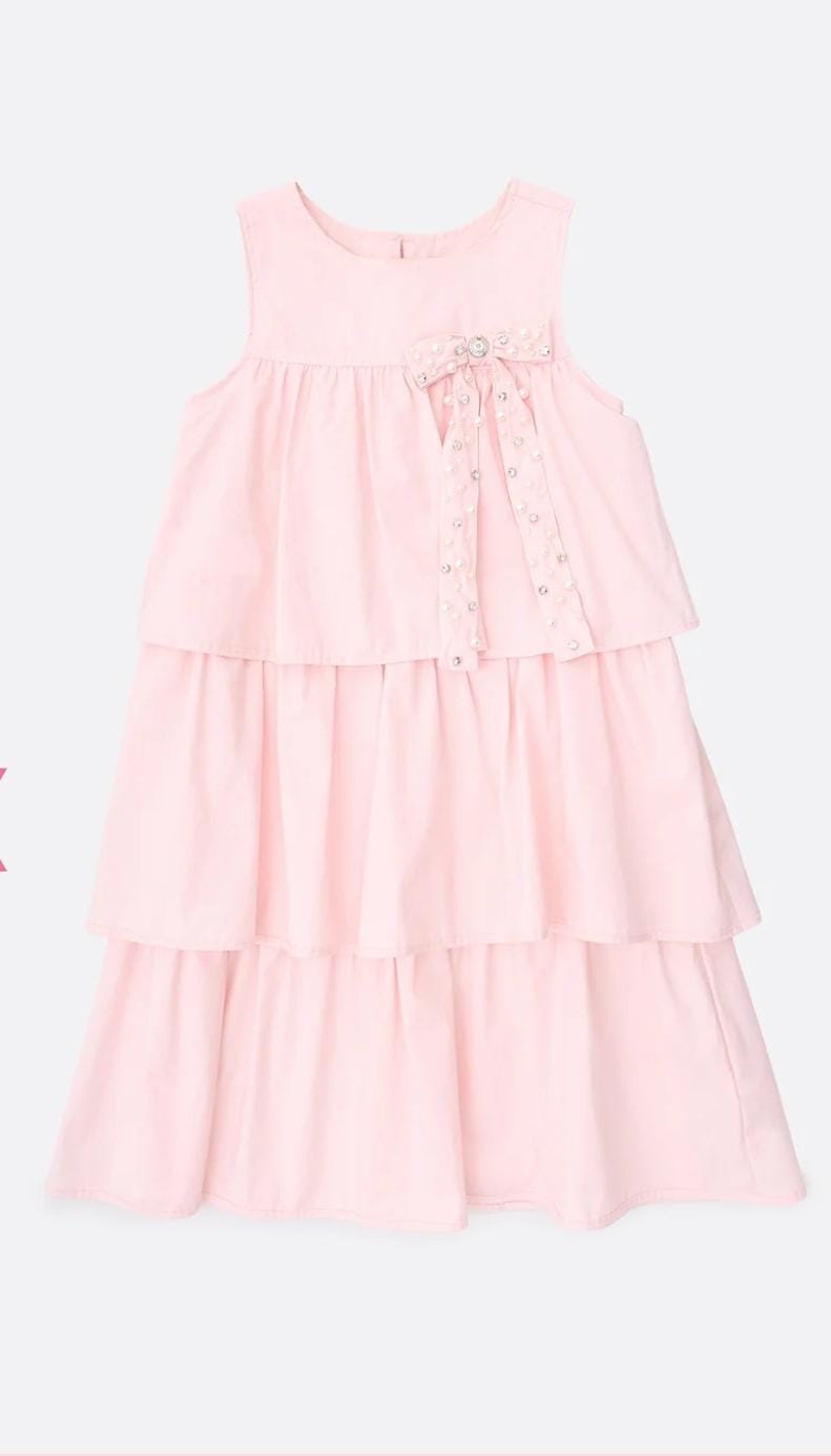Vestido Tricoline Babados Laço Bordado