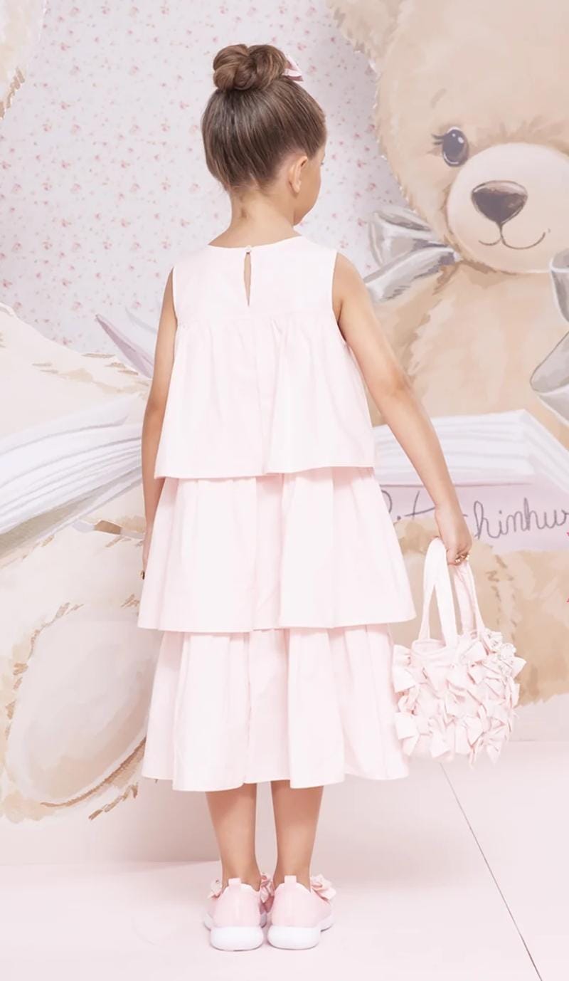 Vestido Tricoline Babados Laço Bordado