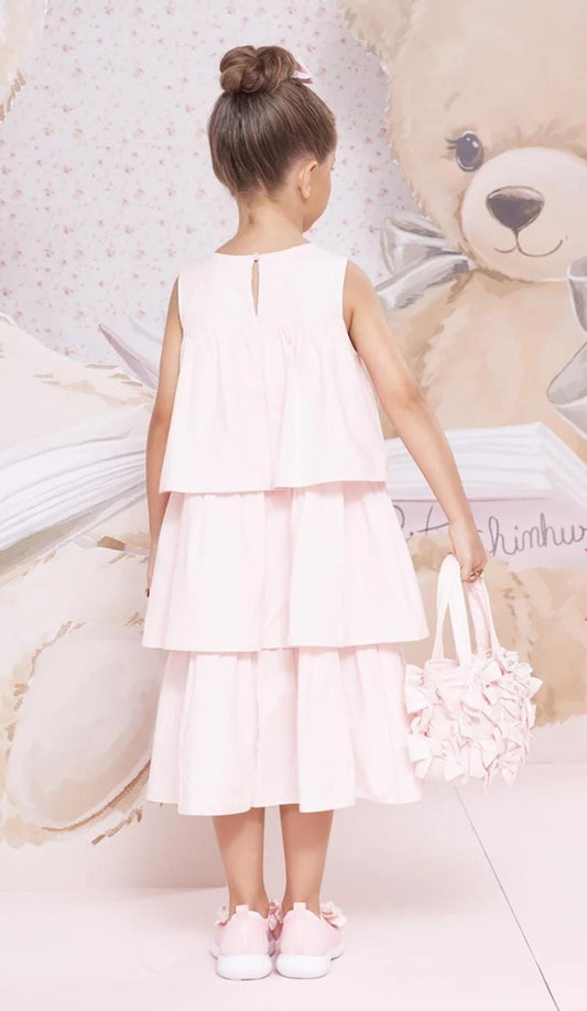 Vestido Tricoline Babados Laço Bordado