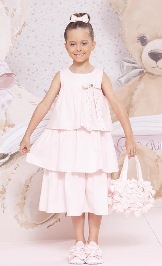 Vestido Tricoline Babados Laço Bordado