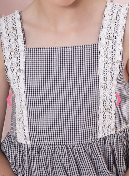 Vestido Algodão Xadrez Renda Bordada